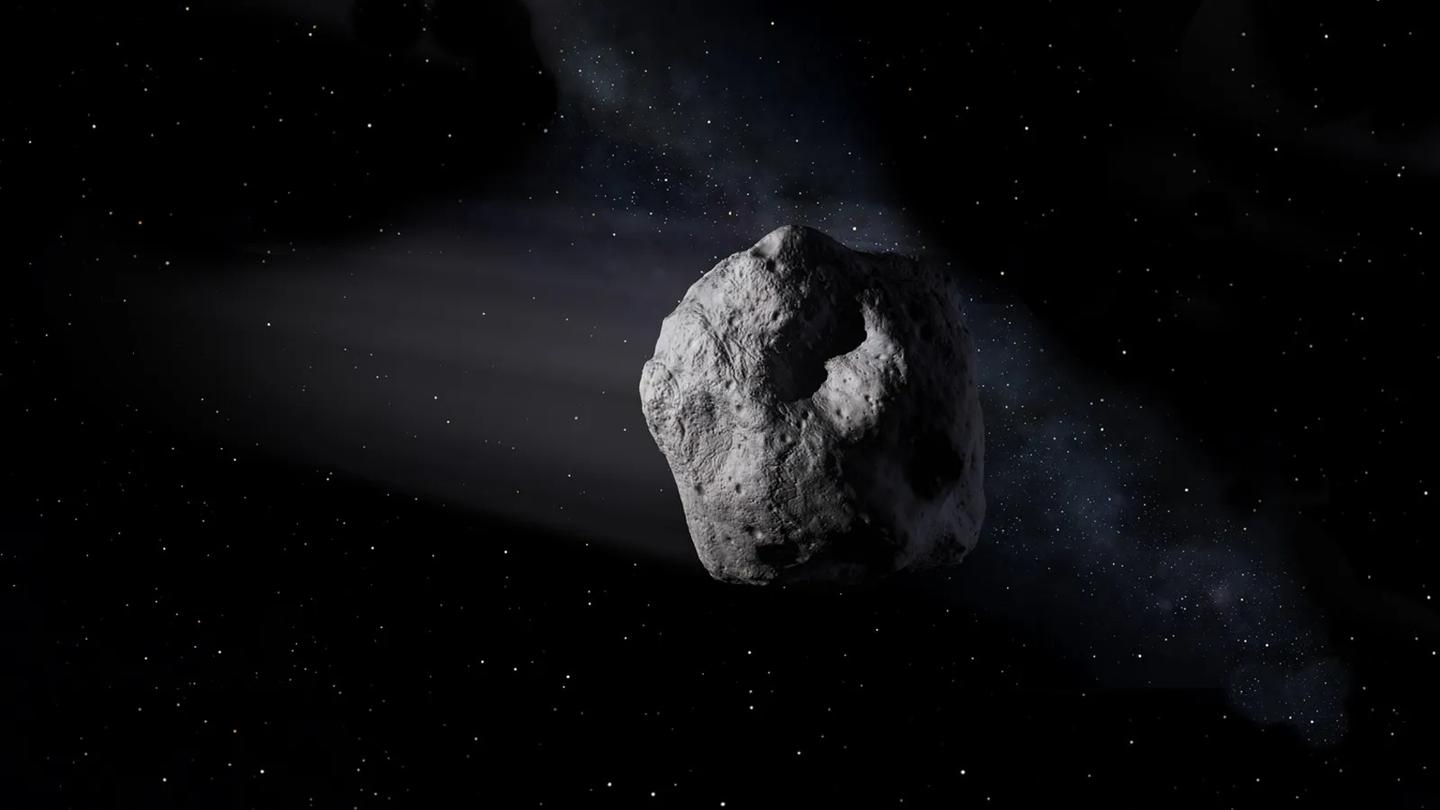 Umělecův dojem na asteroid pohybující se vesmírem