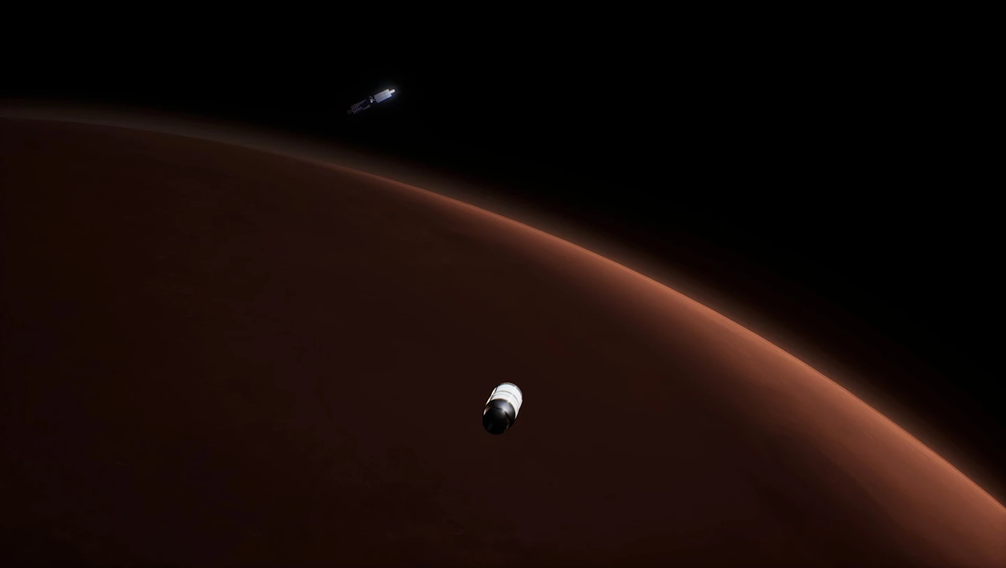 Renderování Mars Ascent Vozidlo se setkává s návratovým plavidlem