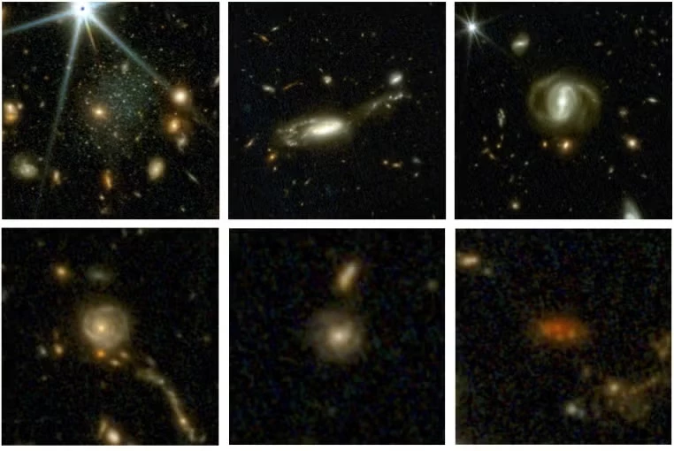 Šest snímků galaxií pořízených z téměř 800 000 z celkového sestaveného snímku. Zleva nahoře doprava dole: současný vesmír a před 3, 4, 8, 9 a 10 miliardami let