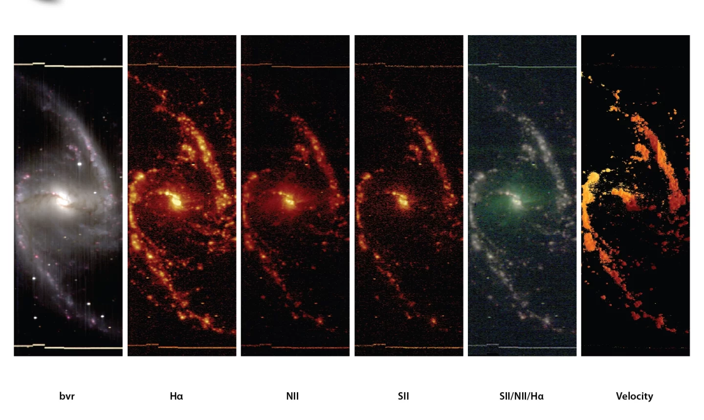 Šest pohledů na spirální galaxii NGC 1365, extrahované z její spektrofotometrické datové krychle, vytvořené průzkumem TYPHOON. Zcela vlevo je širokopásmový snímek galaxie vyvažující snímky kontinua B (modrá), V (vizuální) a R (červená), aby se přiblížilo tomu, co by vidělo lidské oko. Další snímek je úzkopásmový snímek extrahovaný z datové krychle TYPHOON se středem na H alfa linii ionizovaného vodíku. Jednotlivé HII oblasti, poháněné horkými OB hvězdami s vysokou svítivostí, jsou jasně vidět a rýsují dvě masivní spirální ramena. Další tři snímky jsou řezy vycentrované na jiných diagnostických emisních čarách (dusík, síra a složený ze všech tří diagnostických emisních čar). Poslední panel ukazuje barevně označené pole rychlosti NGC 1365.